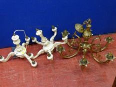 A brass six-branch ceiling chandelier & two French-style cream painted examples
