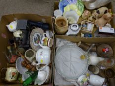 Three boxes of porcelain, glassware, ornamental pigs, an Arthur Wood jug etc