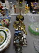 A lustre, brass based oil lamp, quantity of other brassware, platedware etc