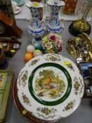 A pair of Staffordshire blue and white vases, display plates etc