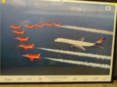 JOHN M DIBBS framed photographic print of the Red Arrows with an Airtours Boeing 757, individually