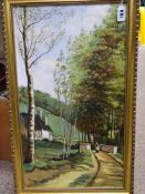 HERBERT KINDER (mid 20th Century) oil on board - rural scene with cottage and figure on a bridge,