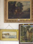 Three oil paintings - horse and cart, seascape and an old mill, various sizes