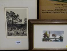 A WATSON TURNBULL proof etching - titled 'Surrey Pines', & a small continental tinted etching of