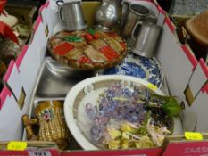 A box of pewter tankards, porcelain etc