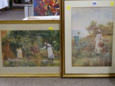 Two colourful prints titled 'Catching the Pony' & 'Picking Poppies'