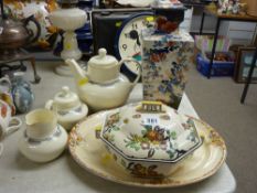 A Royal Doulton 'Albany' three-part set of teapot, milk jug & sugar bowl, a Woburn pattern