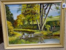 HERBERT KINDER (mid 20th Century) oil on board - rural scene with river weir and figure by a gate,