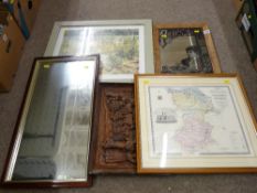 Two wall mirrors, two prints & a carved wooden picture panel