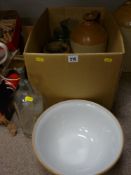 A stoneware flagon, vintage mixing bowl, soda syphon etc