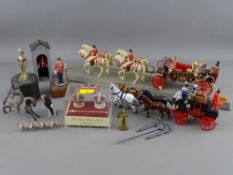 A collection of diecast & other models of horse drawn coaches & uniformed men etc