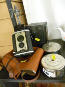 Two Midland bank chrome money boxes, an ensign Box Brownie, a Kodak Brownie Reflex & a white metal