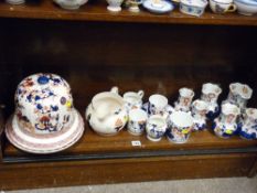 Graduated Gaudy Welsh jugs, other Gaudy Welsh, a domed top Staffordshire cheese dish etc