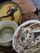 A box of pottery items including lidded game pie dish