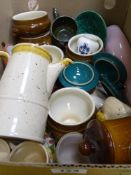 A box of pottery coffee and kitchenware