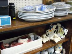 Blue and white meat platters and plates, Staffordshire figures, a boxed collectors doll etc