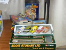 A Thunderbirds Scott Tracy talking action figure (box play worn), a Corgi Eddie Stobart limited