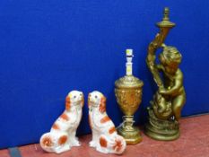 Two decorative cherub decorated table lamps & a pair of red & white reproduction Staffordshire