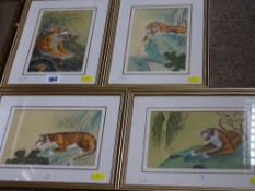Four framed Oriental watercolours on fabric - tigers in naturalistic poses, all with block iron