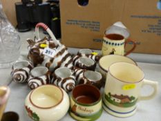 A china conch shell teaset & five Moto-ware items including a Watcombe 'Fresh from the Dairy' jug