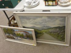 GUY C MILLS framed oil on canvas of a lakeside road with mountains to the distance, titled 'Snowdon'
