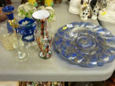 A Venetian-style blue glass plate, a pair of Victorian vases & other mixed glassware