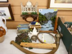 A mixed group of collectables including a boat intercom whistle on a length of hose, two fretwork