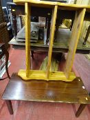 Small dark oak coffee table and a 3 shelf pine rack