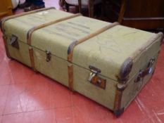 Wooden banded canvas travel trunk