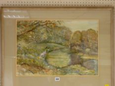 E HOLLAND watercolour - riverside scene with gentleman, 38 x 55 cms