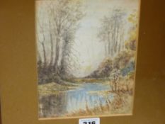 C LEMMON watercolour - trees, woodland and river scene, 22 x 14 cms