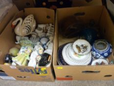 Two boxes of mixed porcelain, vintage leather collar box etc