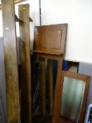 Pair of prayer kneeling stools and a bevelled edge wooden framed mirror