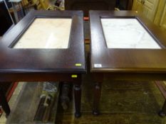 Pair of coffee tables with marble? inserts on reeded legs