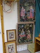 Pair of colourful framed woolwork images and two Egyptian papyrus paintings