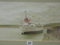 P K '92 watercolour - ferry coming into harbour with queuing passengers, 24 x 34 cms