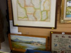 1942 framed sampler, vintage United States of North America map and an oil on board - mountainscape