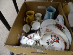 A box of mixed porcelain, including rose decorated teaware, Christmas plate, etc