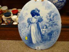 Signed blue and white porcelain plaque of lady with child