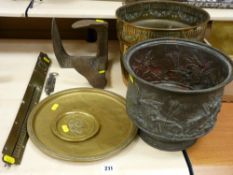 Large Salter spring balance, another balance, shoe last and brass planters etc