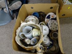 A mixed box of china and pottery including Satsuma, Gaudy Welsh, etc