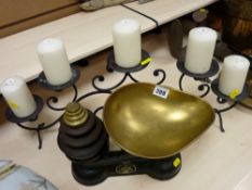Well presented Salter of Staffordshire shop scales set with weights and a wirework candleholder