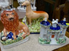 Staffs greyhound flatback on cobalt blue base, a Staffs lion with quarry and a Staffs castle