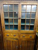 Vintage bookcase cupboard with twin glazed upper doors, central twin drawers and two base cupboards