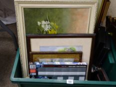 Box containing Playstation software and a quantity of paintings and prints