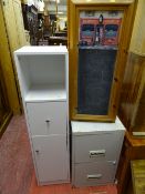 Metal two drawer filing cabinet, small slim white MDF cabinet and a wooden framed vintage chalk