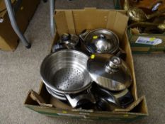 A box of stainless cooking pans etc