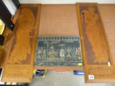 Two wall hanging wooden plaques 'Fire' and 'Water' and a commemorative metallic plaque for 'Harold'