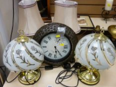 Two pairs of table lamps E/T and a modern loom effect wall clock