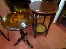 Circular occasional table with lower shelf and cane insert and a floral inlaid small tripod table
